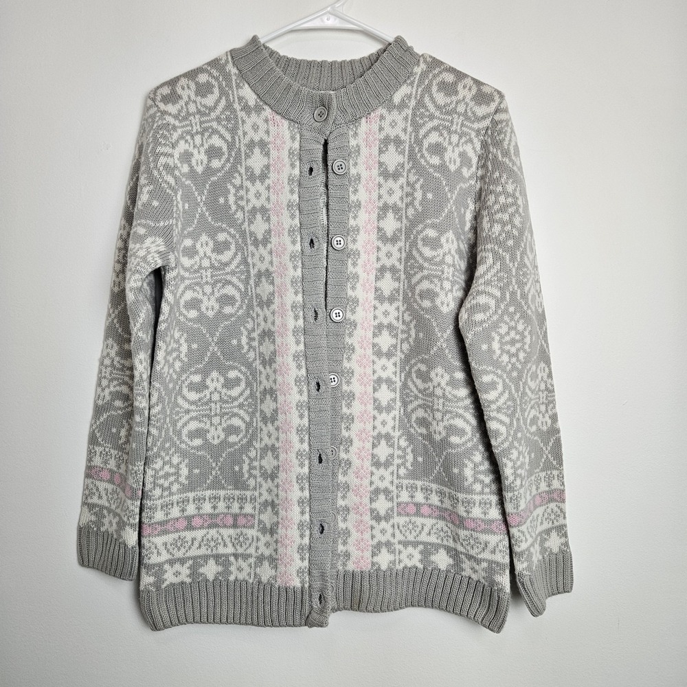 Nation Cardigan Womens Size M Knit Button Front Sweater Pale Gray Pink Cabin Ski